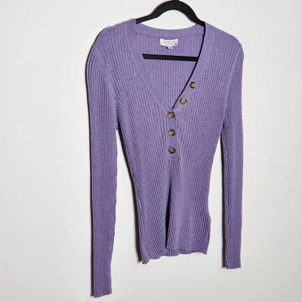 Derek Lam Collective Ribbed‎ Wool Blend Button Front Top Long Sleeve Purple XL